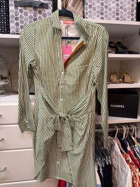 THML Olive Green & White Vertical Stripe Tie-Front Shirt Dress